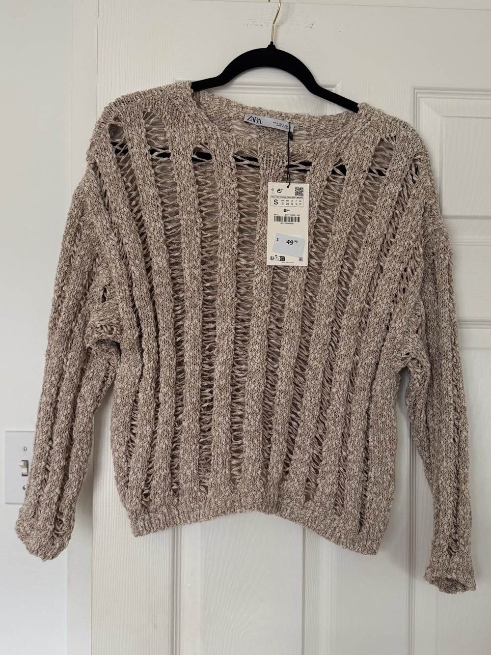 Zara Open-Weave Crewneck Sweater in Taupe